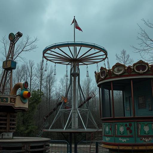 An eerie abandoned amusement park with rusted rides, overgrown vegetation, and faded paint.