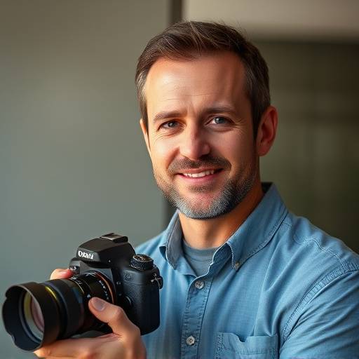 Headshot of Michael Brown, Photography Director, holding a camera.