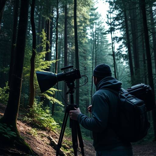 Location scout setting up lighting equipment in a dense forest during the day.